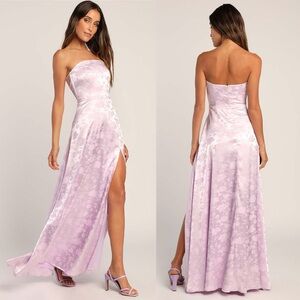 Made to Marvel Lilac Satin Jacquard Strapless Maxi Dress. Size Small